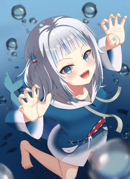 1girl absurdres animal_costume barefoot blue_eyes blue_hoodie blue_nails blunt_bangs bubble feet fins fish_tail gawr_gura gawr_gura_(1st_costume) hair_ornament highres hololive hololive_english hood hoodie long_sleeves looking_at_viewer multicolored_hair open_mouth papasillust shark_costume shark_girl shark_hair_ornament shark_tail sharp_teeth simple_background smile solo streaked_hair tail teeth two-tone_background two_side_up underwear virtual_youtuber white_hair