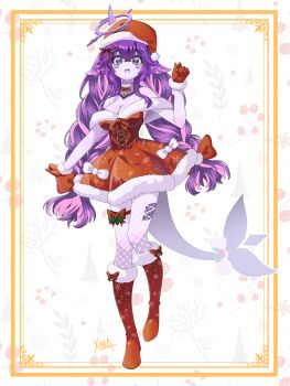 1girl absurdres arm_up boots border breasts colored_skin commentary dress english_commentary facial_mark fins fish_tail fishnet_pantyhose fishnets full_body gloves hair_between_eyes hair_ribbon halo_around_horn hat highres horns indie_virtual_youtuber large_breasts long_hair looking_at_viewer mark_under_both_eyes megalodon_(vtuber) open_mouth ornate_border pantyhose purple_eyes purple_hair purple_horns purple_skin red_boots red_dress red_gloves red_ribbon ribbon santa_costume santa_dress santa_hat shark_girl shark_tail solo standing standing_on_one_leg tail twintails very_long_hair virtual_youtuber xarakura_xara