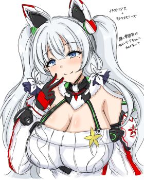 1girl amamiya_sora azur_lane blue_eyes breasts cleavage cosplay gene_(pso2) gene_(pso2)_(cosplay) gloves highres illustrious_(azur_lane) large_breasts long_hair phantasy_star phantasy_star_online_2 simple_background tsunogiri twintails upper_body voice_actor_connection white_background white_hair