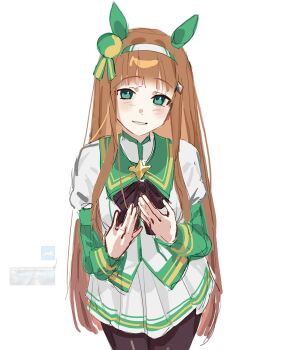 Rule 34 | 1girl, animal ears, blue eyes, blunt bangs, blush, bow, commentary, ear bow, ear covers, ear flower, hair ornament, hairband, highres, hime cut, horse ears, horse girl, horse tail, horseshoe ornament, long hair, long sleeves, looking at viewer, orange hair, orange tail, pek0 ww, shirt, silence suzuka (innocent silence) (umamusume), silence suzuka (umamusume), skirt, smile, solo, symbol-only commentary, tail, umamusume, white hairband