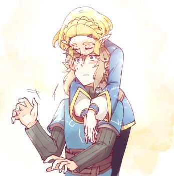 1boy 1girl arms_around_neck black_pants black_sweater blonde_hair blue_eyes blue_shirt blue_tunic blush braid closed_eyes couple crown_braid earrings gold_trim hair_between_eyes hair_ornament hairclip hetero hug hug_from_behind jewelry kaidou_mitsuki link medium_hair nintendo pants parted_bangs pointy_ears princess_zelda shirt short_hair sidelocks sweatdrop sweater the_legend_of_zelda the_legend_of_zelda:_breath_of_the_wild the_legend_of_zelda:_tears_of_the_kingdom tunic twitter_username upper_body wide-eyed