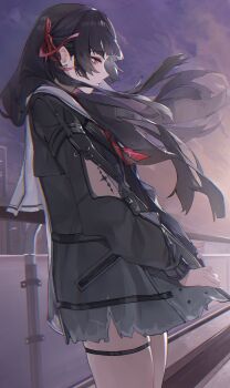 1girl absurdres arm_cutout black_hair black_jacket chisa_(wuthering_waves) chromatic_aberration clothing_cutout commentary cowboy_shot evening from_side hair_ribbon highres jacket long_hair long_sleeves megu_(jim48834420) neckerchief outdoors profile purple_sky red_neckerchief red_ribbon ribbon sailor_collar sky solo standing thigh_strap thighs white_sailor_collar wind wuthering_waves