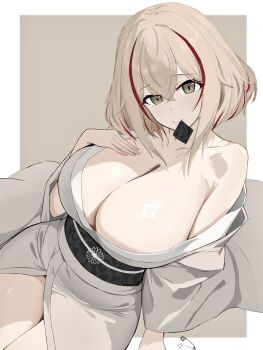 1girl azur_lane bare_shoulders blonde_hair breasts brown_eyes cleavage closed_mouth collarbone commentary_request condom condom_in_mouth condom_wrapper dress ecarte_roon hair_between_eyes hair_ornament hairpin hand_on_own_chest highres japanese_clothes kimono large_breasts long_sleeves looking_at_viewer mouth_hold multicolored_hair obi off-shoulder_dress off_shoulder open_clothes open_kimono red_hair red_streaks roon_(azur_lane) sash short_hair simple_background single_bare_shoulder single_off_shoulder smile solo streaked_hair thighs two-tone_hair white_kimono wide_sleeves yukata