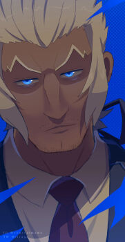 Rule 34 | 1boy, absurdres, artist name, black necktie, blue background, blue eyes, blue ribbon, catovyen, classicaloid, cleft chin, closed mouth, collared shirt, commentary, english commentary, facial hair, grey hair, grey jacket, highres, jacket, johann sebastian bach (classicaloid), male focus, mature male, mustache stubble, necktie, ribbon, shirt, solo, sparse stubble, stubble, tan, v-shaped eyebrows, white shirt