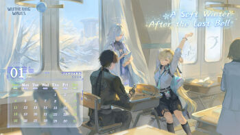 1boy 2girls arm_up black_gloves black_hair black_jacket black_pants black_skirt blonde_hair breasts calendar_(medium) classroom commentary desk english_commentary english_text gloves grey_hair hair_ornament hair_over_one_eye halo highres holding id_card indoors jacket logo long_hair looking_at_another lynae_(wuthering_waves) male_rover_(wuthering_waves) medium_breasts mornye_(wuthering_waves) multiple_girls pants people red_eyes rover_(wuthering_waves) school_desk shirt shirt_tucked_in sitting skirt stretching white_shirt wuthering_waves