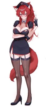 1girl absurdres animal_ear_fluff animal_ears arm_under_breasts black_dress black_gloves black_hat black_shoes black_thighhighs blush breasts cat_ears cat_girl cat_tail cleavage closed_mouth commentary commission double-parted_bangs dress english_commentary full_body garter_straps gloves hair_between_eyes hand_up hat high_heels highres holding holding_syringe indie_virtual_youtuber large_breasts long_hair looking_at_viewer nurse nurse_cap purple_eyes ravyn_(vtuber) red_hair second-party_source shoes short_sleeves simple_background smile solo syringe tail thighhighs virtual_youtuber white_background yoellim5