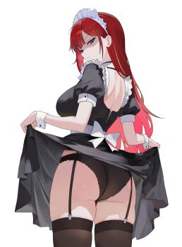 Rule 34 | 1girl, absurdres, akane lize, alternate costume, ass, back bow, black dress, black garter straps, black panties, black thighhighs, blunt bangs, bow, breasts, clothes lift, commentary, dress, dress lift, enmaided, from behind, garter straps, highres, lifting own clothes, long hair, looking at viewer, maid, maid headdress, medium breasts, mole, mole under eye, nbee ya, panties, puffy short sleeves, puffy sleeves, red hair, shaded face, short sleeves, simple background, solo, stellive, straight hair, thighhighs, underwear, very long hair, virtual youtuber, white background, white bow, wrist cuffs