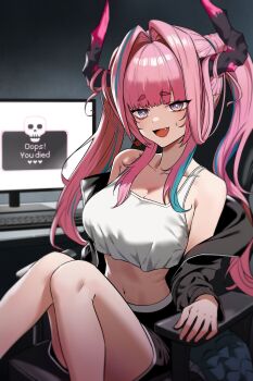 1girl absurdres alternate_costume arknights arknights:_endfield black_jacket black_shorts breasts bright_pupils chair cleavage collarbone commission computer crop_top crop_top_overhang fang feet_out_of_frame hair_intakes highres horns jacket knees_together_feet_apart knees_up large_breasts long_hair looking_at_viewer midriff mr_tangsuyuk navel off_shoulder open_clothes open_jacket open_mouth pointy_ears shirt short_shorts shorts sitting sleeveless sleeveless_shirt smile solo stomach sweatdrop swivel_chair tank_top thick_eyebrows thighs twintails white_shirt yvonne_(arknights)