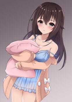 1girl alternate_costume blue_dress blush breasts brown_eyes brown_hair cardigan cleavage closed_mouth commentary_request dress hair_flaps highres hololive hugging_object korean_commentary large_breasts long_hair looking_at_viewer moezi pillow pillow_hug solo tokino_sora virtual_youtuber yellow_cardigan