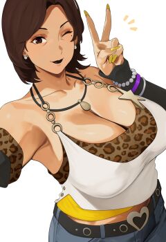 1girl absurdres alternate_costume animal_print bare_shoulders bead_bracelet beads belt black_belt black_lips blue_pants bracelet breasts brown_eyes brown_hair buckle collarbone commentary_request denim detached_sleeves earrings heart heart-shaped_buckle highres jeans jewelry large_breasts leopard_print mature_eyes mature_female mole mole_under_eye necklace nohohon_pictures one_eye_closed pants persona persona_5 persona_5:_the_phantom_x shirt short_hair simple_background solo tan tomiyama_kayo v white_background white_shirt yellow_nails