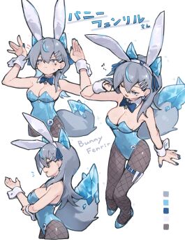 1girl absurdres animal_ears arm_under_breasts bare_shoulders blue_eyes blue_leotard blue_nails blue_shoes bow bowtie breasts character_name cleavage closed_mouth color_guide detached_collar dog_tail eighth_note embarrassed english_text fake_animal_ears fenrir_(zizi_niisan) fishnet_pantyhose fishnets grey_hair hairband highres holster leotard long_hair mole mole_on_breast multicolored_hair multiple_views musical_note notice_lines one_eye_closed open_mouth original pantyhose playboy_bunny rabbit_ears rabbit_pose shoes simple_background small_breasts smile streaked_hair sweat tail thigh_holster white_background wrist_cuffs zizi_niisan