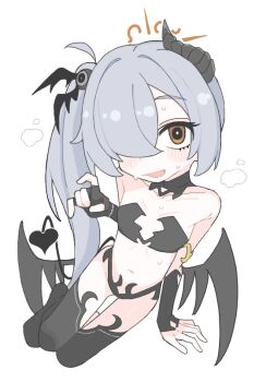 1girl bare_shoulders blue_archive brown_eyes brown_halo cloud commentary_request demon_horns demon_tail demon_wings hair_ornament hair_over_one_eye halo high_side_ponytail horns kanoe_(blue_archive) light_blush long_hair looking_at_viewer navel smile spacecrab sweat tail white_background wings