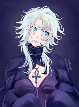 1girl absurdres alternate_costume ankh_necklace blue_eyes chainsaw_man closed_mouth cogumelodejeans crying crying_with_eyes_open dress famine_devil_(chainsaw_man) highres light_frown long_hair messy_hair purple_background purple_dress purple_shrug shrug_(clothing) solo tears white_hair