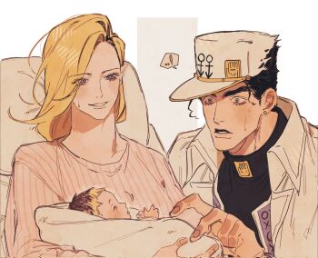 1boy 2girls baby black_hair blue_eyes carrying carrying_baby carrying_person coat eyelashes family hat highres jojo_no_kimyou_na_bouken kuujou_jolyne kuujou_joutarou long_hair mnnd mrs._kujo multiple_girls parted_lips sweatdrop thick_eyebrows white_coat