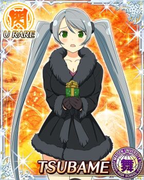 Rule 34 | 1girl, :o, black coat, black gloves, black thighhighs, border, box, breasts, card (medium), character name, cleavage, coat, fur-trimmed coat, fur trim, game cg, gift, gift box, gloves, green eyes, grey hair, holding, holding gift, incoming gift, large breasts, long hair, looking at viewer, official art, senran kagura, senran kagura new wave, solo, swept bangs, thighhighs, third-party source, tsubame (senran kagura), twintails, very long hair, worried
