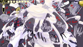 1boy 1girl animal_ears ass blush breasts butler_(pseudoregalia) christmas colored_skin cum cum_in_pussy dialogue_box english_text excessive_cum fakeryway grey_background grey_fur grey_skin heart horns huge_ass huge_penis impregnation leg_grab lying medium_breasts missionary nipples on_person one_eye_closed ovum partially_undressed penis penis_grab pseudoregalia simple_background size_difference sybil_(pseudoregalia) thighhighs vaginal veins veiny_penis