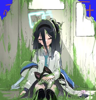 1girl absurdly_long_hair animal_ear_headphones animal_ears aqua_halo aris_(blue_archive) black_hair black_hairband blue_archive blue_halo blue_necktie cat_ear_headphones cat_ears closed_eyes fake_animal_ears hair_between_eyes hairband halo headphones highres long_hair long_hair_between_eyes moss nasipeuran necktie one_side_up rebar rectangular_halo shirt skirt smile solo very_long_hair white_shirt