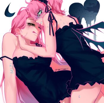 2girls alien_stage arm_tattoo black_dress breasts commentary crescent dress frilled_dress frills heart highres long_hair makeup mizi_(alien_stage) multiple_girls nagimaggiii pink_hair runny_makeup selfcest short_hair signature sleeveless sleeveless_dress strap_slip sweat tattoo tongue tongue_out very_long_hair yellow_eyes yuri
