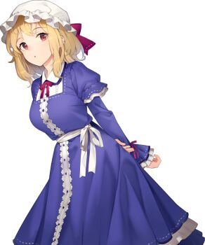 1girl arms_behind_back artist_request blonde_hair bow bowtie breasts dress embellished_costume game_cg hat labyrinth_of_touhou_(series) labyrinth_of_touhou_tri leaning_forward long_sleeves looking_at_viewer maribel_hearn medium_breasts medium_hair mob_cap official_art purple_dress red_bow red_bowtie red_eyes ribbon_trim skirt solo third-party_source touhou transparent_background white_hat
