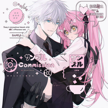 Rule 34 | 1boy, 1girl, black gloves, black jacket, black ribbon, black thighhighs, blue eyes, blush, bow, brown necktie, carrying, closed mouth, collared shirt, commission, couple, dress, eyelashes, gloves, hair between eyes, hair bow, hair ornament, hair ribbon, hairpin, hetero, jacket, lapels, long hair, looking at viewer, mole, mole under eye, nasukichi777, necktie, notched lapels, original, pink hair, princess carry, ribbon, sample watermark, shirt, short hair, smile, square, thighhighs, too many watermarks, twintails, watermark, white hair, white shirt, yellow eyes