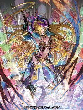 1girl animal_print armpits arms_up bikini black_choker black_shorts blonde_hair blue_eyes breasts choker cleavage copyright_notice demon_girl demon_horns hair_over_one_eye horns leopard_print leopard_print_bikini long_hair looking_at_viewer medium_breasts moreshan multicolored_hair official_art pointy_ears print_bikini purple_hair purple_thighhighs short_shorts shorts solo streaked_hair swimsuit thighhighs very_long_hair wixoss yog-sothoth_(wixoss)