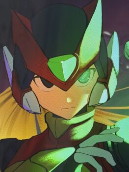 Rule 34 | 1boy, armor, blonde hair, commentary request, forehead jewel, glowing, glowing eye, helmet, highres, male focus, mega man (series), mega man zero (series), red armor, red helmet, sasaki (ssk8083), solo, upper body, zero(z) (mega man), zero (mega man)