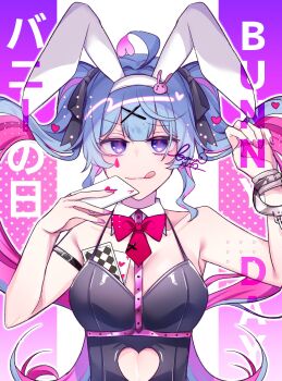 1girl :p absurdres ace_(playing_card) ace_of_hearts ahoge black_leotard blue_eyes blue_hair bunny_day card clothing_cutout commentary_request cutout_above_navel facial_mark fingernails hair_ornament hatsune_miku heart heart_cutout highres leotard mixed-language_text multicolored_hair object_in_bra pale_skin pink_hair pink_nails playboy_bunny playing_card rabbit_hole_(vocaloid) sakura_yuto sharp_fingernails solo teardrop_facial_mark tongue tongue_out two-tone_hair upper_body vocaloid x_hair_ornament