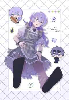 2boys :d apron back_bow black_flower black_gloves black_pants black_rose black_shirt black_shoes blue_skirt border bow character_name chibi collared_shirt crossdressing crossdressing_(mtf) crossed_bangs dot_nose drop_shadow eyewear_on_head flower food frilled_apron frilled_skirt frills from_below gingham_apron gloves gradient_border green_eyes grey_apron grey_eyes grey_pants grid_border hair_between_eyes hair_ornament hand_on_own_hip hashtag-only_commentary heart_pockets hidoro_rara highres holding holding_food hoshirube_sho hot_dog koyanagi_rou long_bangs long_hair looking_at_viewer male_focus medium_skirt multiple_boys multiple_views neck_flower nijisanji open_mouth otomo_(hoshirube_sho) otomo_(koyanagi_rou) oversized_food oversized_object pants puffy_short_sleeves puffy_sleeves purple_border purple_hair rose shirt shoes short_hair short_sleeves skirt smile sunglasses teeth twitter_username upper_teeth_only very_short_hair virtual_youtuber white_background white_shirt wristband x_hair_ornament