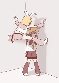 1boy 1girl arm_warmers belt black_shorts blonde_hair bow cicada_block_(meme) corner covering_own_face from_behind full_body g_hana grey_shorts hair_bow highres kagamine_len kagamine_rin knees_together_feet_apart leg_warmers meme necktie sailor_collar scared shadow shirt shoes short_hair short_shorts short_sleeves shorts sleeveless sleeveless_shirt standing vocaloid white_bow white_shirt white_shoes yellow_necktie