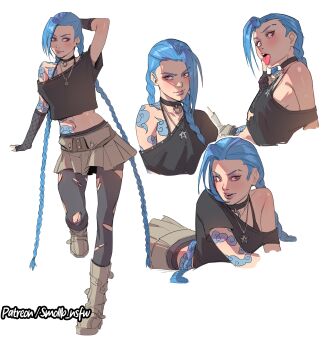 1girl absurdres arm_behind_head arm_tattoo black_bra black_choker black_pantyhose black_shirt blue_hair blush boots bra bra_strap braid breasts choker closed_mouth commentary cropped_torso english_commentary eyebrow_cut full_body grey_skirt highres jewelry jinx_(league_of_legends) league_of_legends long_hair looking_at_viewer midriff miniskirt multiple_views navel necklace off-shoulder_shirt off_shoulder open_mouth pantyhose patreon_username red_eyes shirt short_sleeves shoulder_tattoo sideboob simple_background skirt small_breasts smile smollb_nsfw solo_focus star_(symbol) star_necklace stomach_tattoo tattoo tongue tongue_out torn_clothes torn_pantyhose twin_braids underwear white_background