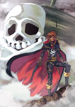 1970s_(style) 1boy :| arcadia belt black_boots black_shirt boots brown_belt brown_gloves brown_hair cape closed_mouth commentary eyepatch full_body gloves gun hair_over_one_eye harlock harlock_saga highres holding holding_gun holding_weapon kneehighs long_sleeves male_focus marker_(medium) oldschool retro_artstyle scar scar_on_face shirt short_hair skull_and_crossbones skull_print slllle1 socks solo spacecraft standing torn_cape torn_clothes traditional_media uchuu_kaizoku_captain_harlock weapon
