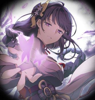 1girl blunt_bangs blurry bow bowtie braid breasts bug butterfly cleavage commentary_request depth_of_field electricity from_side genshin_impact hair_ornament insect japanese_clothes kinatsu_k long_hair long_sleeves looking_at_viewer looking_to_the_side low-braided_long_hair low-tied_long_hair mitsudomoe_(shape) mole mole_under_eye obi outstretched_arms parted_lips pov purple_eyes purple_hair raiden_shogun reaching reaching_towards_viewer sash sidelocks simple_background single_braid solo tomoe_(symbol) vision_(genshin_impact) white_background wide_sleeves