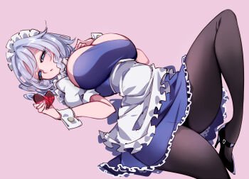Rule 34 | 1girl, :o, apron, black shoes, blue dress, blue eyes, braid, breasts, candy, chocolate, chocolate heart, commentary, dress, expressionless, food, frills, grey hair, happy valentine, heart, heart-shaped food, high heels, highres, izayoi sakuya, knee up, large breasts, looking at viewer, lying, maid, maid apron, maid headdress, medium hair, on back, pantyhose, raptor7, shoes, short sleeves, side braids, solo, touhou, twin braids, untranslatable commentary, valentine, white sleeves, wrist cuffs