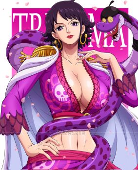 1girl artist_name black_hair border breasts cape character_name cleavage closed_mouth commentary crop_top earrings english_commentary epaulettes eyelashes hand_on_own_hip highres jewelry kuja_pirates_jolly_roger long_sleeves one_piece pink_nails pink_petals purple_eyes rakara11_(rakkarts) red_lips sash sharp_teeth short_hair snake snake_earrings teeth tritoma_(one_piece) white_border white_cape