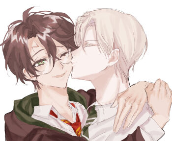 2boys black_hair blonde_hair closed_eyes closed_mouth collar draco_malfoy eyelashes glasses green_eyes hair_between_eyes harry_potter harry_potter_(series) kiss lightning_bolt_symbol looking_at_another male_focus multiple_boys necktie one_eye_closed pixiv_id_82740212 profile scar scar_on_face scar_on_forehead shirt short_hair simple_background striped_necktie upper_body white_background white_shirt wing_collar wizarding_world yaoi