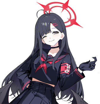 1girl :3 absurdres ahoge armband black_choker black_gloves black_hair black_shirt black_skirt black_wings blue_archive blush choker closed_mouth collarbone commentary_request gloves goguhaku grey_eyes hair_ornament hairclip halo hand_on_own_hip highres ichika_(blue_archive) long_sleeves looking_at_viewer neckerchief one_eye_closed red_armband red_halo red_neckerchief safety_pin school_uniform shirt simple_background skirt solo standing swept_bangs white_background wings