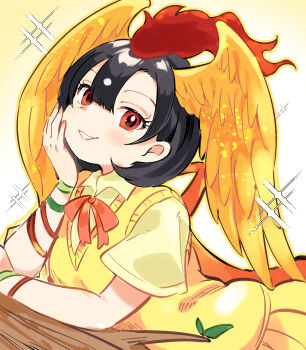 1girl black_hair bracelet eyelashes grin hair_between_eyes head_wings hi_no_tori_(kemono_friends) highres jewelry kemono_friends log lying multiple_bracelets red_eyes shine short_hair skirt smile solo suicchonsuisui sweater_vest vest wings