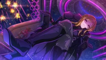 boots brown_hair chair costume crossed_legs explosion game_cg gloves high_heel_boots high_heels idolmaster idolmaster_million_live! idolmaster_million_live!_theater_days momose_rio official_art pants pink_eyes shaded_face shoe_soles sitting space spacecraft