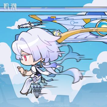 1girl aircraft airship blue_sky bright_pupils chibi chibi_only closed_mouth colored_eyelashes day english_text from_side grey_hair halo highres holographic_interface jacket long_hair mornye_(wuthering_waves) official_art outdoors profile red_eyes see-through_body sitting sky solo tacet_mark_(wuthering_waves) white_jacket white_pupils wuthering_waves