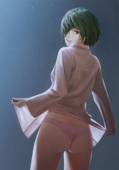 1girl aanryus absurdres ass chainsaw_man eyepatch from_behind green_eyes green_hair highres himeno_(chainsaw_man) looking_back panties pink_panties shirt short_hair solo striped_clothes striped_shirt teeth underwear white_shirt