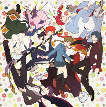 Rule 34 | ageha (kyoukai no rinne), belt, black hair, braid, brown hair, closed eyes, haori, jacket, japanese clothes, juumonji tsubasa, kain (kyoukai no rinne), kyoukai no rinne, long hair, mamiya sakura, masato (kyoukai no rinne), pants, pink eyes, purple eyes, purple hair, red eyes, red hair, ribbon, rokudou rinne, rokudou sabato, rokumon, sandals, school uniform, shoes, short hair, silver hair, skirt, suit, tamako (rinne), thighhighs, twintails, wings