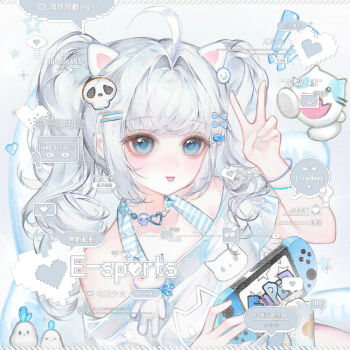 1girl ahoge animal_ears bare_shoulders blue_eyes blush bracelet cat_ears collar controller food game_controller guazike hair_intakes hair_ornament hairclip hand_up handheld_game_console heart holding holding_controller holding_game_controller jewelry long_hair looking_at_viewer nintendo_switch off-shoulder_shirt off_shoulder original sample_watermark shirt short_sleeves sitting solo tongue tongue_out too_many_watermarks twintails upper_body v watermark white_hair white_shirt