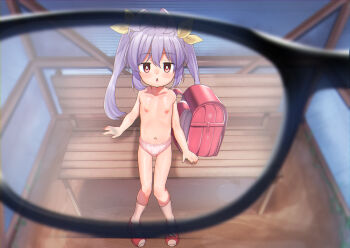 1girl angie_(meganekko-geki-love-1008) antenna_hair backpack bag bench bus_stop flat_chest from_above full_body glasses highres kneehighs loli long_hair looking_at_viewer looking_up miyauchi_renge navel nipples no_pants non_non_biyori open_mouth outdoors panties pink_panties pov purple_hair randoseru red_eyes red_shoes ribbon shoes sitting socks solo topless_female twintails underwear underwear_only unworn_backpack unworn_bag white_socks x-ray_glasses x-ray_vision