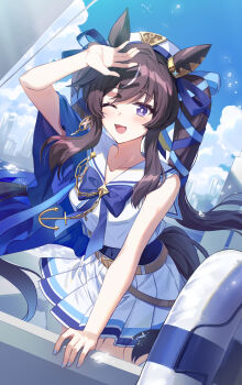 1girl anchor_symbol animal_ears arm_up black_hair black_tail blue_bow blue_bowtie blue_nails blue_ribbon blue_sky blush bow bowtie chapuding cloud cloudy_sky commentary_request day fingernails hair_ribbon hat highres horse_ears horse_girl horse_tail innertube long_hair mole mole_under_eye multicolored_hair open_mouth pleated_skirt purple_eyes ribbon sailor_collar sailor_shirt shirt skirt sky smile solo streaked_hair swim_ring tail twintails umamusume vivlos_(umamusume) vivlos_(voyage_etincelant)_(umamusume) white_hat white_sailor_collar white_shirt white_skirt white_streaks