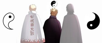 3boys black_cloak black_hair blonde_hair boruto:_two_blue_vortex cape cloak commentary drawink english_commentary father_and_son from_behind highres male_focus medium_hair multiple_boys naruto_(series) uchiha_sasuke uzumaki_boruto uzumaki_naruto white_cape yin_yang