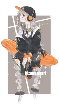 1girl absurdres alternate_costume baseball_cap bespectacled black_dress black_hat black_jacket blue_eyes blush boots bracelet braid brown_background casual cellphone character_name closed_mouth collared_shirt commentary_request dress full_body glasses grey_hair hair_tubes hat headphones highres holding holding_phone invisible_chair jacket jewelry kizuna_akari knee_boots lace-up_boots long_hair long_sleeves looking_to_the_side looking_up nail_polish o_(crazyoton46) open_clothes open_jacket orange_nails orange_pants pants pantyhose phone shirt sitting sleeves_past_wrists smartphone smile solo sparkle spread_legs striped_clothes striped_pantyhose thigh_boots twin_braids two-tone_background vertical-striped_clothes vertical-striped_pantyhose very_long_hair voiceroid white_background white_shirt