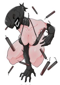 1girl black_gloves bomb_devil_(chainsaw_man) breasts chainsaw_man dynamite elbow_gloves explosive gloves highres large_breasts mizugameza object_head open_mouth simple_background solo teeth white_background