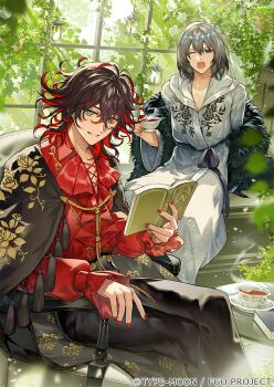 blue_eyes book copyright_request dante_alighieri_(fate) fate/grand_order fate_(series) grey_eyes grey_hair lamp male_focus multiple_boys oberon_(fate) oberon_(third_ascension)_(fate) official_art original pale_skin red_hair red_nails tcb tea window