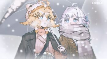Rule 34 | 2girls, ahoge, alternate costume, animal ear headwear, black bow, black coat, black umbrella, blonde hair, blue bow, blue eyes, bow, braid, bright pupils, brown sweater, coat, coat on shoulders, commentary, covered mouth, densetsu.exe, dokibird, dragoon (dokibird), fake animal ears, feather hair, gradient hair, green hair, grey scarf, hair bow, hair ornament, hairclip, hat, hat bow, heart, highres, holding, holding umbrella, indie virtual youtuber, long sleeves, looking at another, mint fantome, multicolored hair, multiple girls, parted lips, pink sweater, plaid clothes, plaid scarf, pom pom (clothes), pom pom hair ornament, renkkai, scarf, scarf over mouth, short hair, snow, snowing, sweater, untranslatable commentary, turtleneck, turtleneck sweater, twin braids, two side up, umbrella, upper body, virtual youtuber, white hair, white hat, white pupils, wisps (mint fantome), x hair ornament