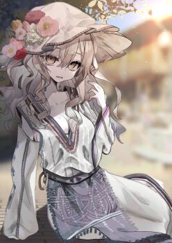 1girl alternate_costume alternate_headwear blonde_hair blurry blurry_background breasts cleavage collarbone detached_sleeves falling_petals flower flower_request hair_between_eyes hand_on_ground hat hat_flower hat_ornament highres looking_at_viewer maribel_hearn medium_breasts medium_hair muraryo on_floor open_mouth pavement petals purple_skirt shirt sitting skirt solo sweat sweatdrop touhou tree white_hat white_shirt white_sleeves yellow_eyes